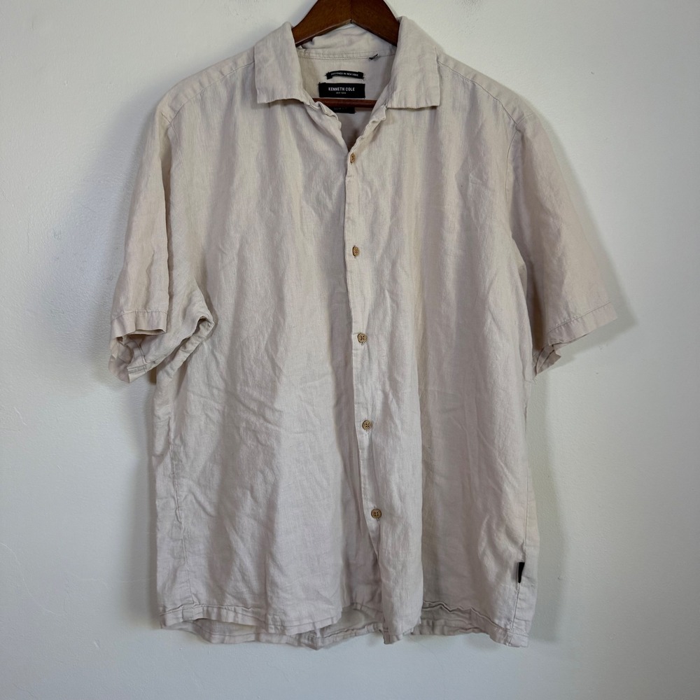Kenneth Cole Slim Fit Linen Blend Short Sleeve Shirt Size XL Beige
